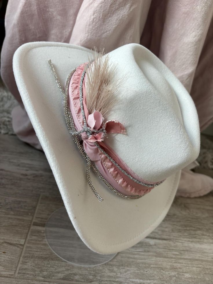 One size fits most  Suede cowgirl hat  Georgeous decorative concert hat  One of a kind  White, pinks golds and silvers  Free shipping pink or white choose at checkout  listing is for one hat White Adjustable Western Costume Hats And Headpieces, Adjustable White Western Costume Hats And Headpieces, Adjustable White Western Costume Hat, Western Costume Hats For Western-themed Events, Western Costume Hats For Themed Events, Western-themed Costume Hats And Headpieces, Western-styled Costume Hats For Western-themed Events, Western One Size Costume Hats For Rodeo, White Western Rodeo Costume Hat