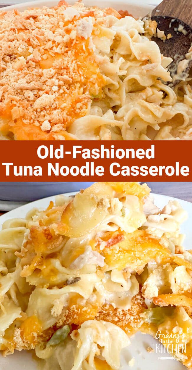 an old - fashioned tuna noodle casserole is served on a white plate