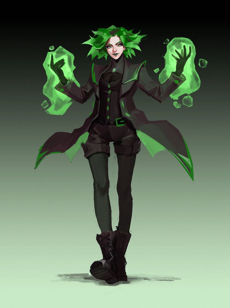 a woman with green hair standing in front of a black background and holding her hands up