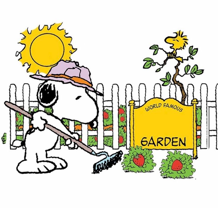 a cartoon dog is cleaning the garden with a broom and sun hat on his head