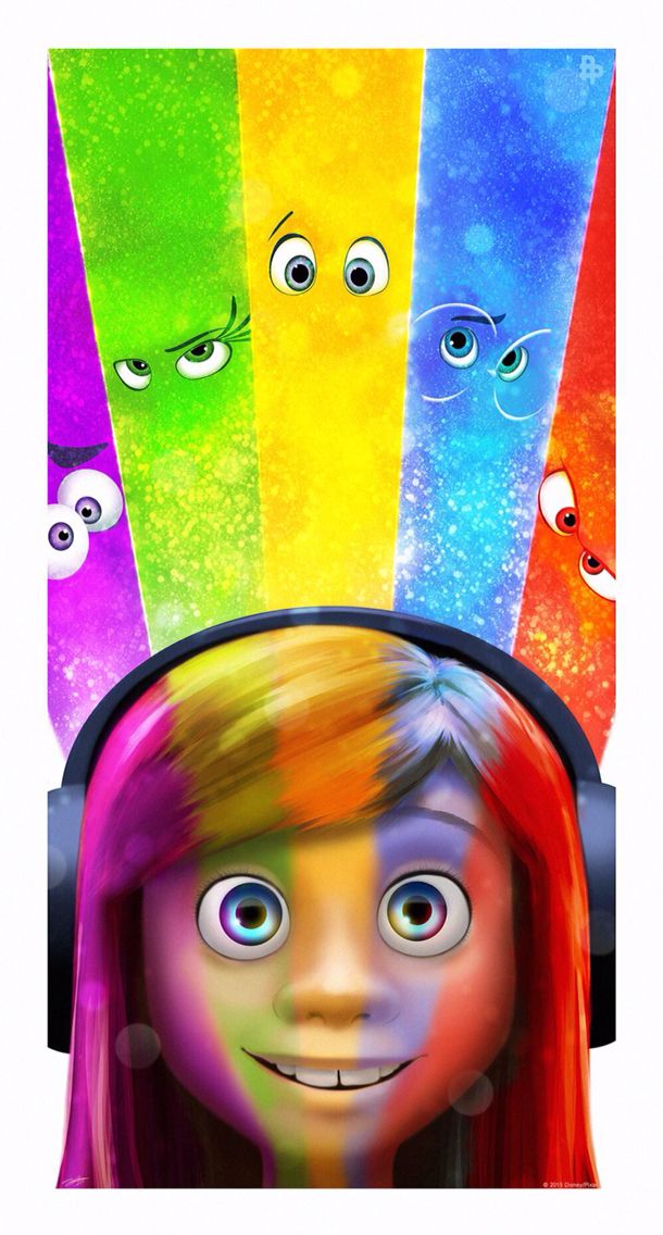 an animated girl with headphones on her ears and eyes are in front of a rainbow colored background