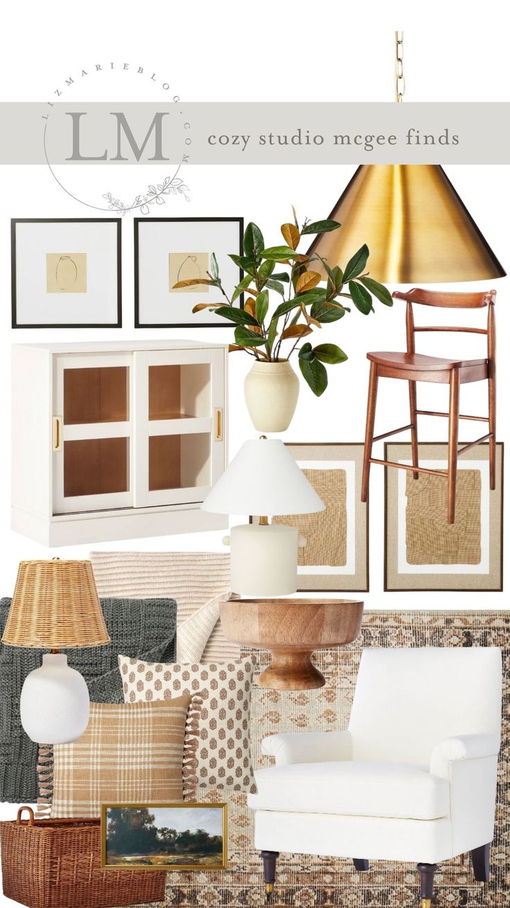 a collage of furniture and decor items in shades of beige, brown, white and gold