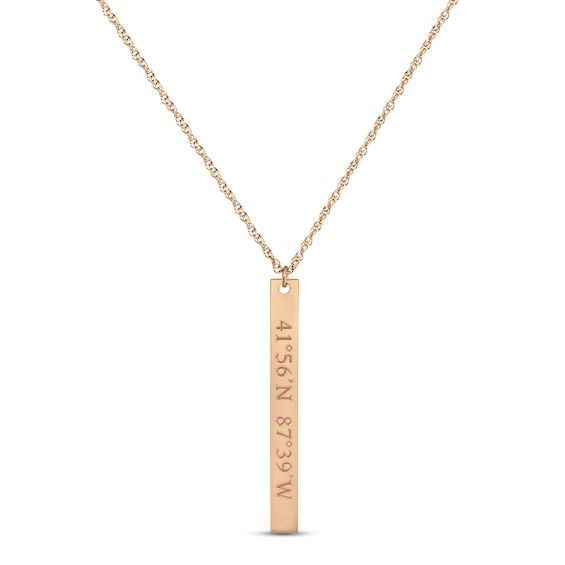 Pay tribute to a special place with this sleek 14K rose gold necklace, featuring a vertical bar inscribed with your chosen coordinates. The pendant sways from an 18-inch rope chain that secures with a spring ring clasp. Vertical Bar Necklace, Vertical Bar, Accessories Jewelry Necklace, Rose Gold Necklace, Personalized Necklace, Rope Chain, Bar Necklace, Spring Rings, Jewelry Accessories