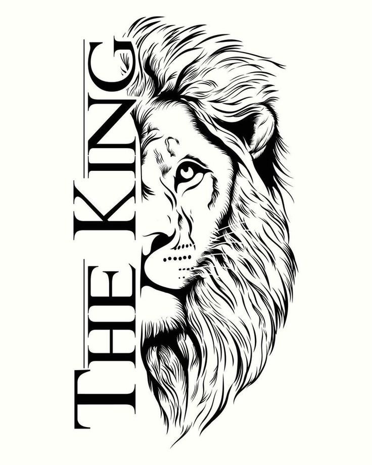 a black and white drawing of a lion's head with the word king on it