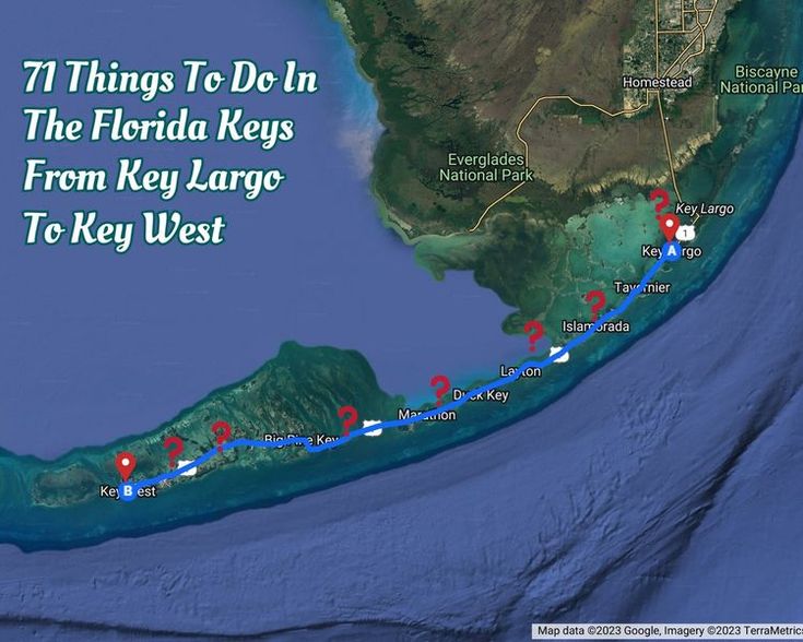 a map of the florida keys with red and blue markers on it's sides