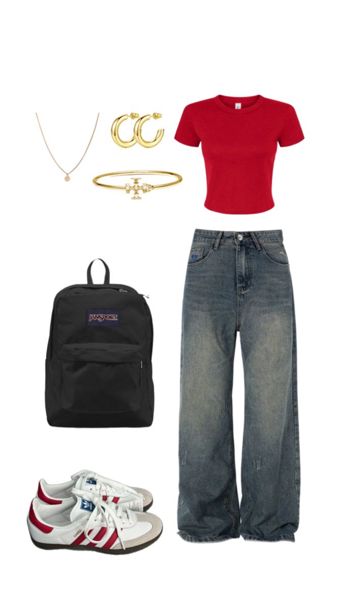 •red, baggy jeans, jansport backpack, sambas, outfit inspo, school, school inspo, inspo, school outfit inspo, ootd• Back To School Outfits With Sambas, Cute Baggy Jeans Outfit For School, Outfit Ideas For School Baggy Jeans, Back To School Outfits Sambas, Outfits For School Baggy Jeans, Baggy Back To School Outfits, Back To School Outfits Baggy Jeans, Outfits With Sambas For School, Outfits With Baggy Jeans For School