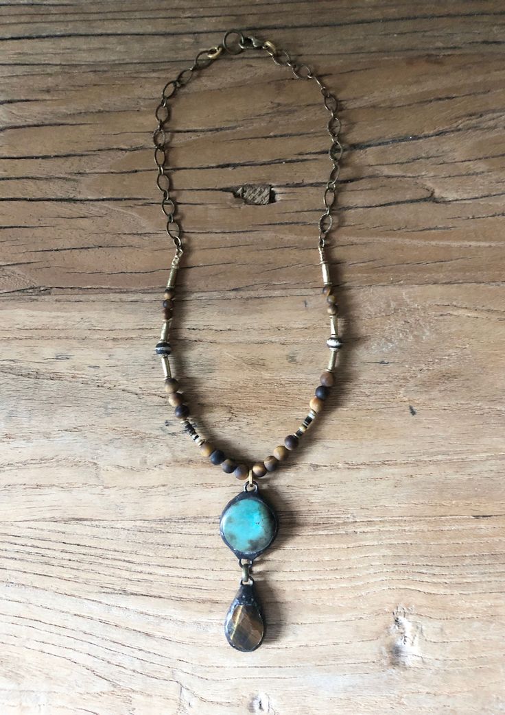 Earthy turquoise and Tiger’s Eye handsoldered drop on a handbeaded blend of Tiger’s Eye, Mala and heishi. -17” adjustable length Peace Necklace, Eye Pendant, Old Soul, Gold Cross, Hand Beading, Turquoise, Pendant