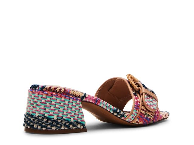 Bohemian Heels For Vacation, Bohemian Heels For Spring Vacation, Bohemian Block Heels For Spring, Bohemian Stacked Heel Heels For Summer, Pink Bohemian Sandals For Spring, Bohemian Block Heel Sandals For Spring, Bohemian Woven Sandals For Summer, Bohemian Woven Sandals For Summer Outings, Multicolor Summer Mules For Party