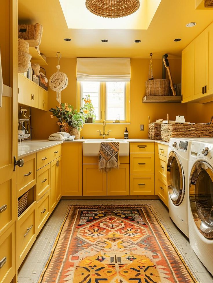 a kitchen with yellow cabinets and an area rug