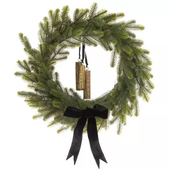 a christmas wreath with bells hanging from it's side and black ribbon on the front