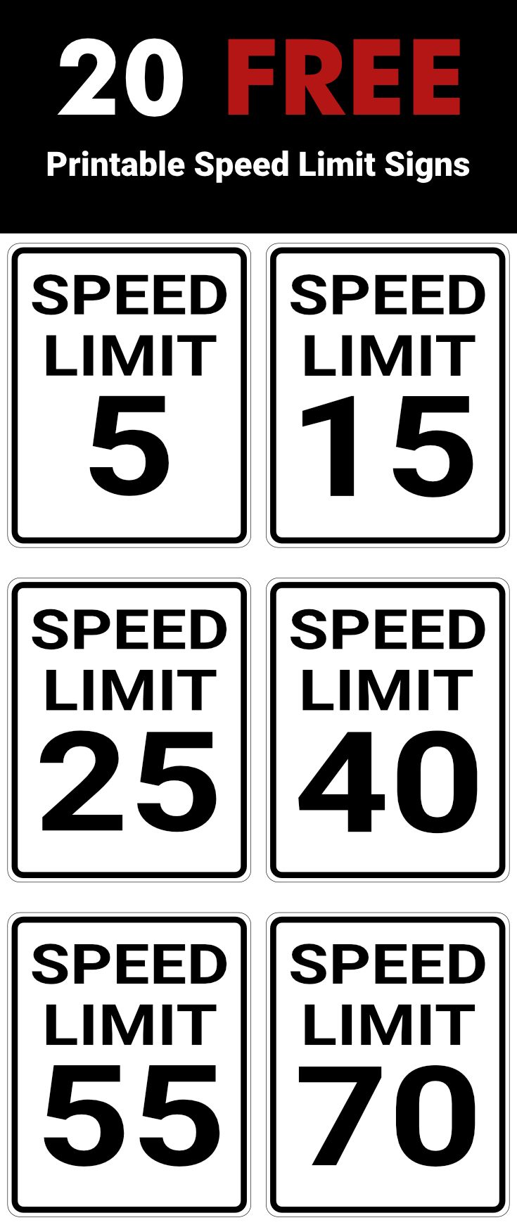 four speed limit signs are shown in black and white, with the numbers on each side