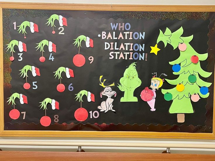 a bulletin board with christmas decorations on it and numbers in the shape of santa's tree