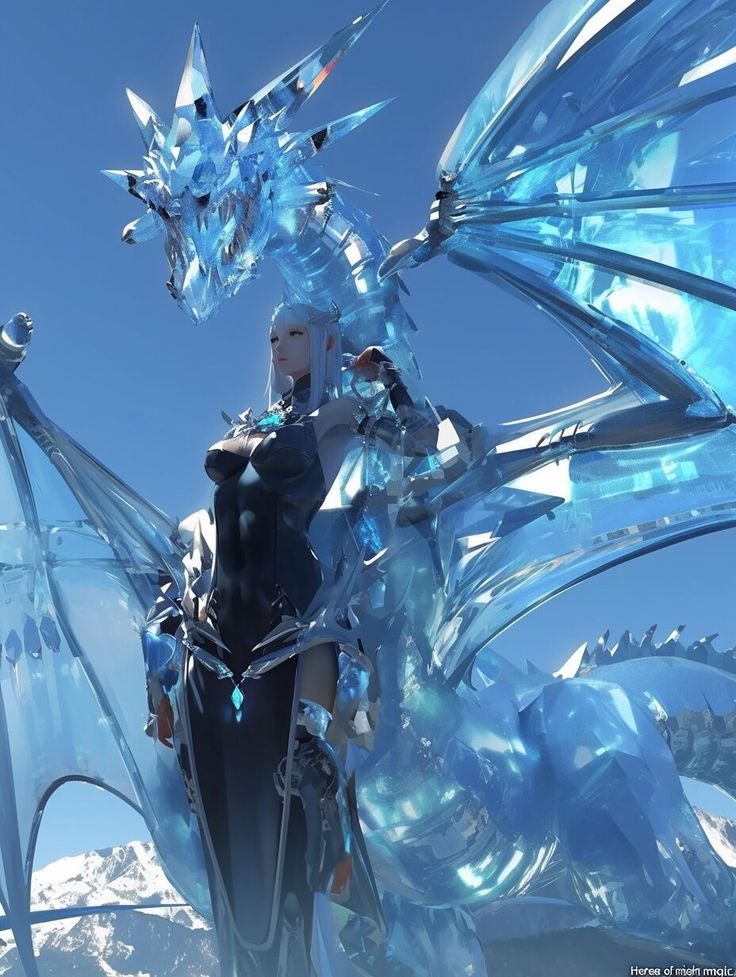 a woman dressed in black and white standing next to a blue dragon