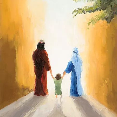 a painting of two women and a child holding hands