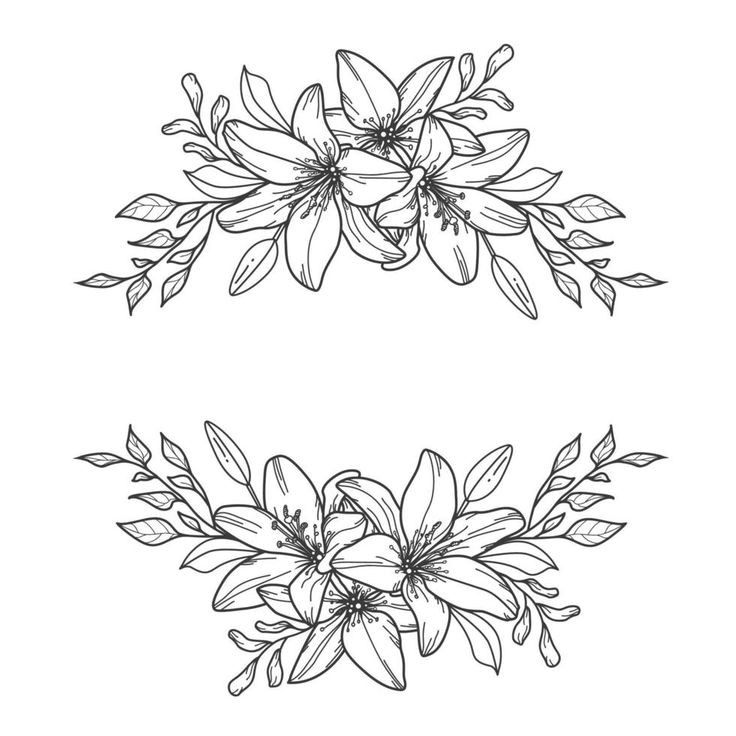 three flowers with leaves on the side and one flower in the middle, drawn by hand