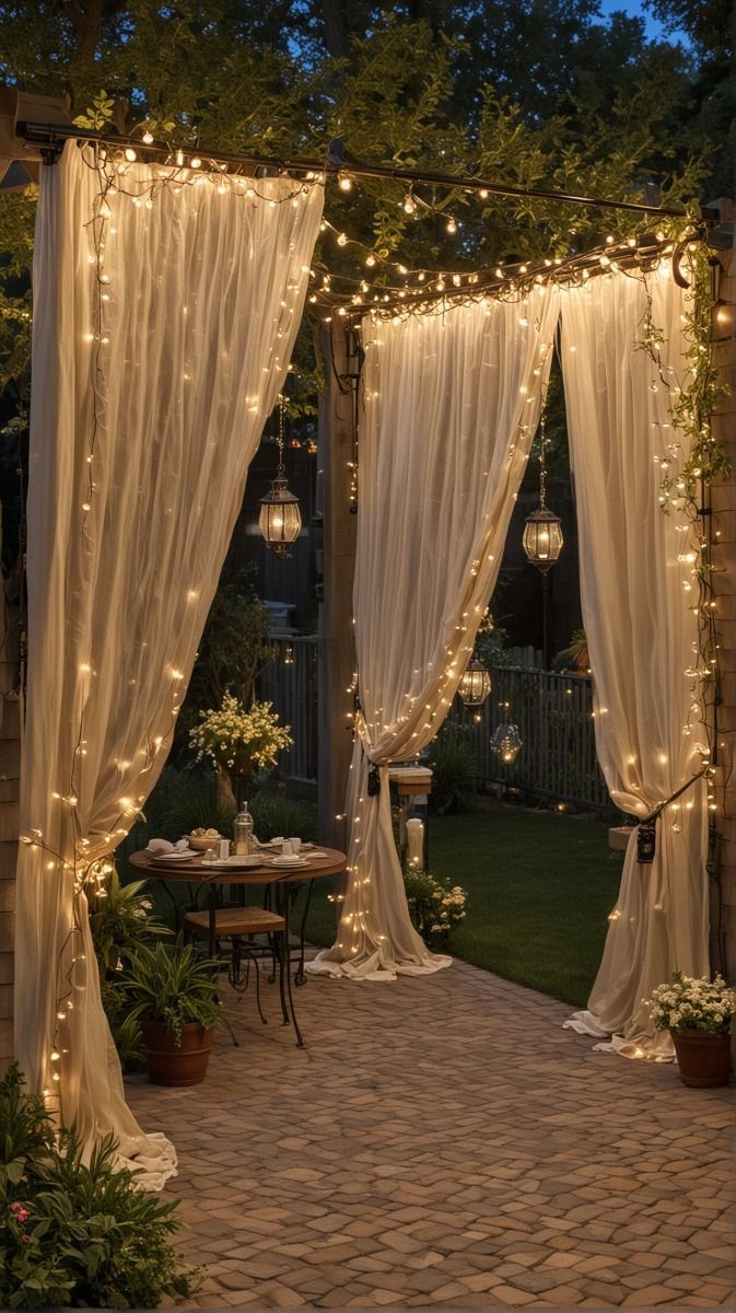 an outdoor patio covered in lights and curtains