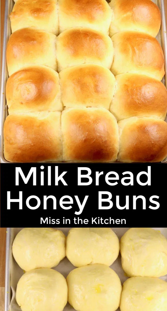 a pan filled with bread buns and the words milk bread honey buns on top