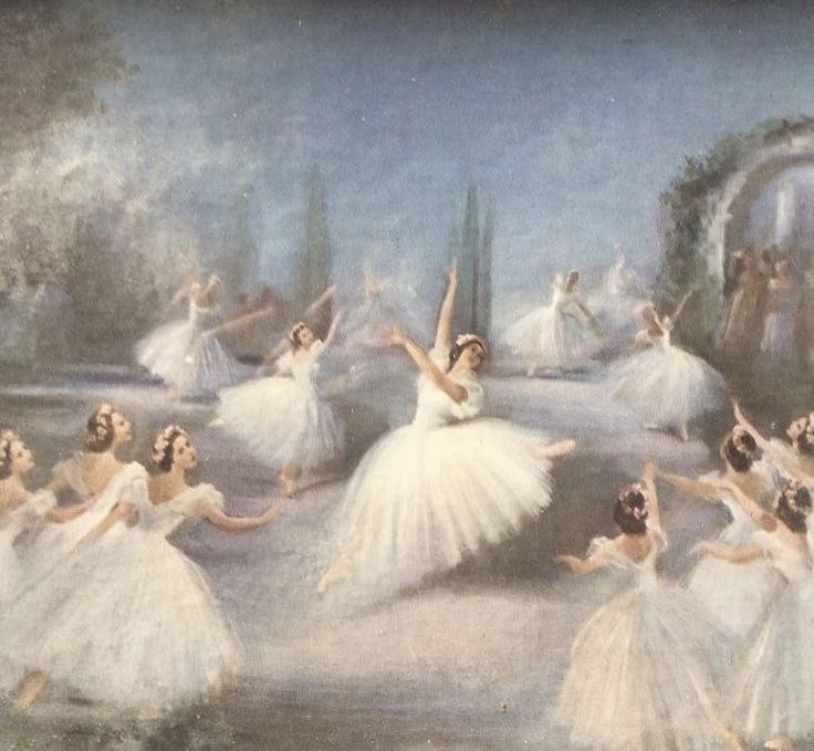 a painting of many ballerinas in white tutus and tails, with one holding her arms out to the side