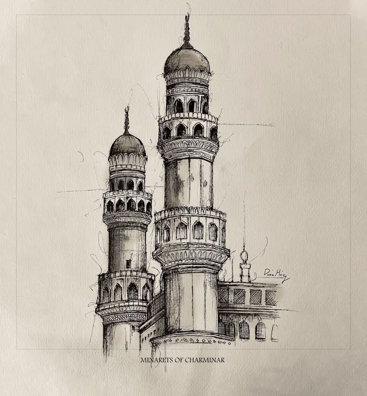 this is a drawing of two towers in the middle of a building that has a clock on it