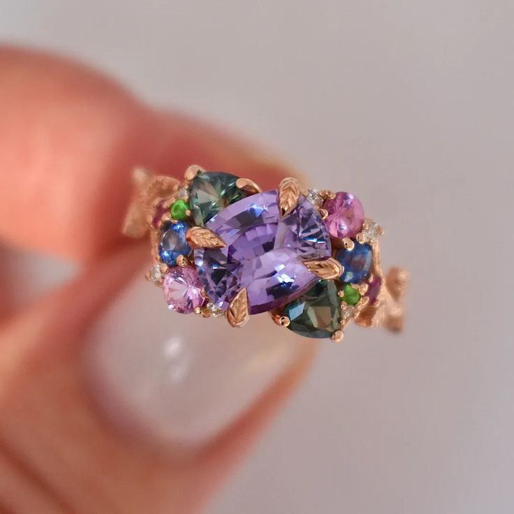 “Tara” Nature Inspired Cluster Engagement Ring with Purple Sapphire and Gemstones 14K Rose Gold, Multi Stone Ring | Unusual engagement rings unique Colored Sapphire Ring, Multi Gemstone Engagement Ring, Rose Gold Gemstone Ring, Amethyst Cluster Ring, Ring With Colored Stone, Purple And Gold Engagement Ring, Color Changing Sapphire, Purple And Green Engagement Ring, Cocktail Engagement Ring