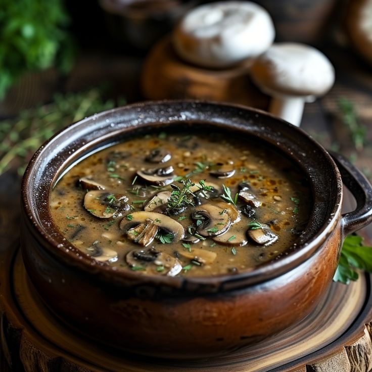 a brown bowl filled with mushroom soup on top of a wooden table