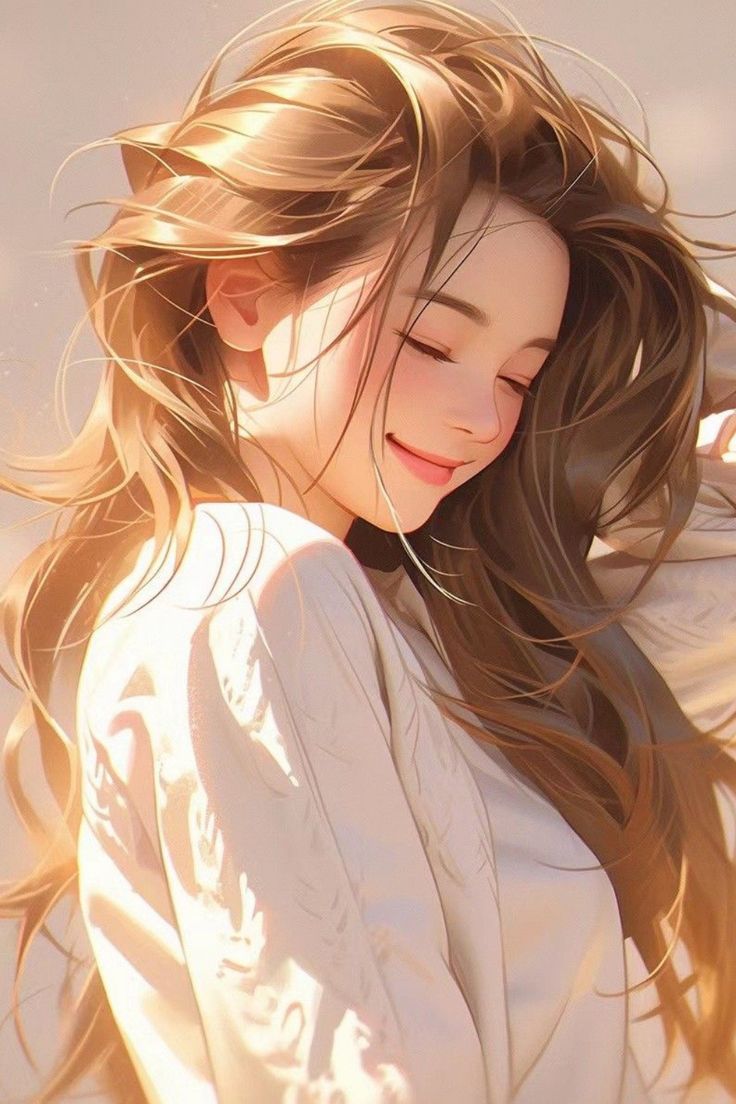 a woman with long brown hair is smiling