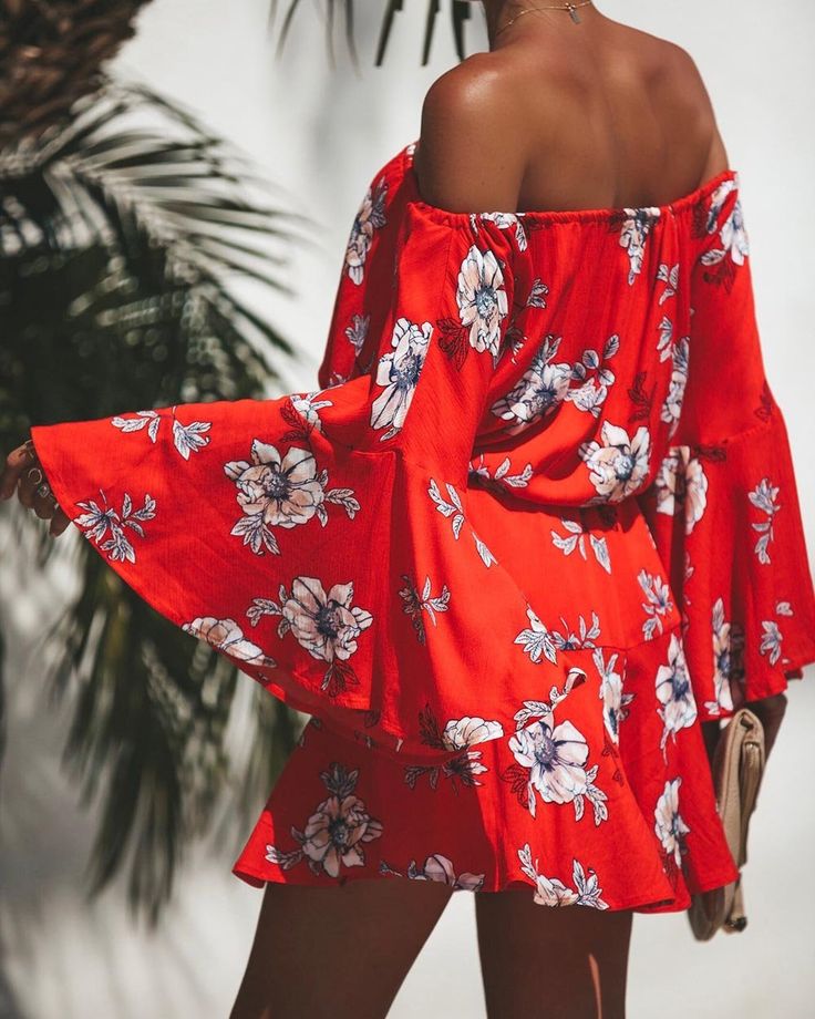 Red Flowers Printed Off Shoulder Mini Dress Chic Red Mini Dress For Vacation, Red Summer Dress For Day Out, Red Summer Dress For A Day Out, Red Summer Dresses For A Day Out, Red Summer Mini Dress For Holiday, Red Mini Dress For Spring Day Out, Red Off-shoulder Mini Dress For Beach, Red Off-shoulder Mini Dress For The Beach, Red Flowy Dress For Spring