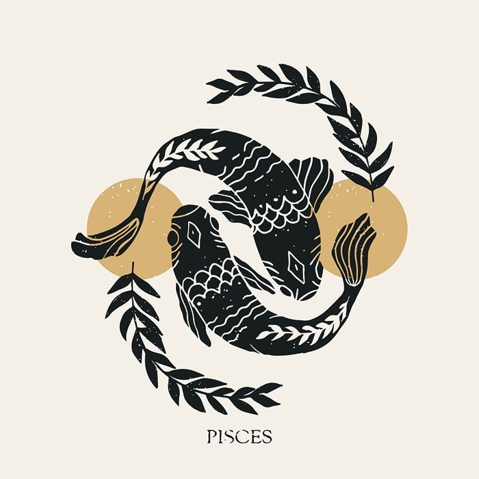 the pisces logo is shown in black and gold, with leaves around it