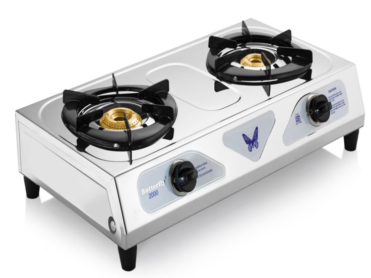 the two burner stove is white and gold