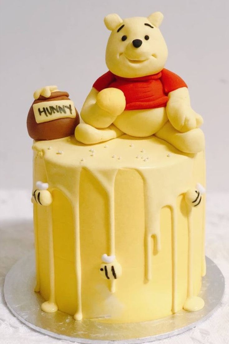 Yellow Drip Winnie The Pooh Cake Winnie The Pooh Figurines, Pooh Cake, Winnie The Pooh Cake, Character Cakes, Cool Birthday Cakes, Yellow Cake, Cake Designs Birthday, Drip Cakes, Honey Pot