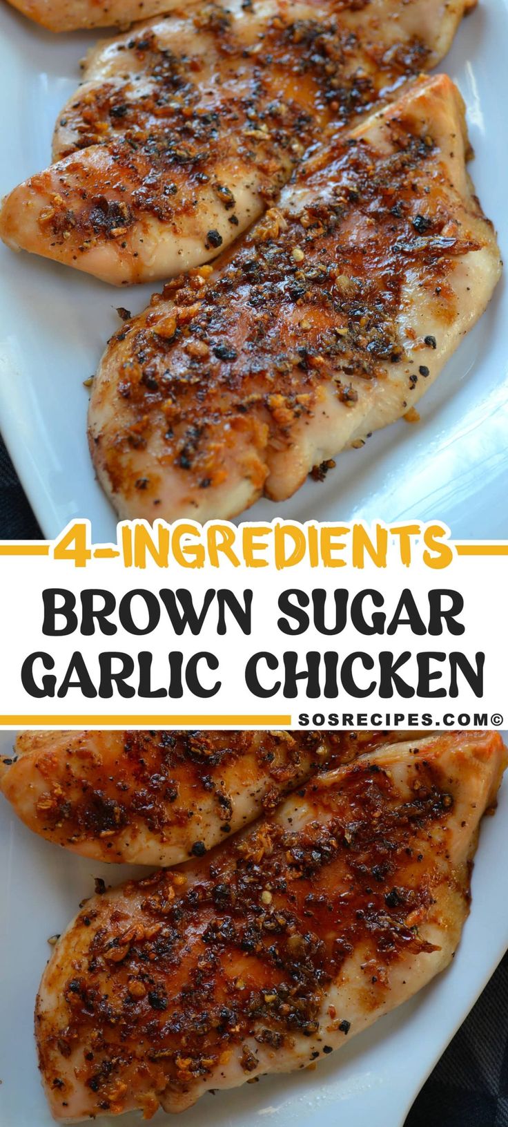 four ingredient brown sugar garlic chicken on a white platter with the title above it