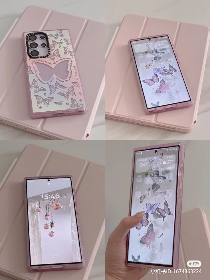 four pictures of the same cell phone in different positions, one showing its back and side