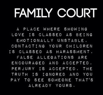 a black and white photo with the words family court written in white ink on it