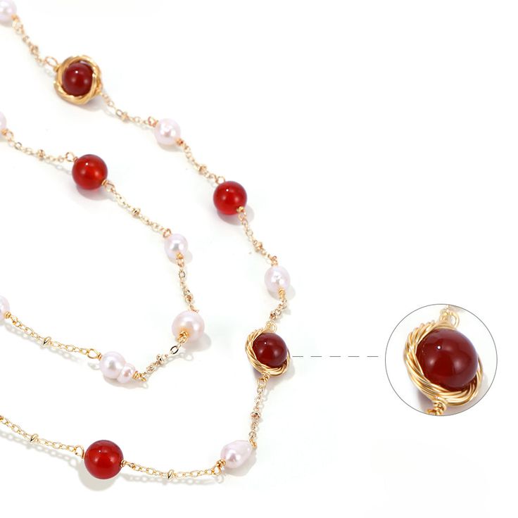 Style: Women Material: Copper Pearl Type: Natural Freshwater Pearl Necklace Length: 84+4.5cm Weight: 17.7g Red Clavicle Chain Jewelry With Round Pendant, Red Clavicle Chain With Round Pendant, Red Agate Pendant Necklace, Elegant Red Round Pearl Necklace, Elegant Carnelian Necklaces With Natural Stones, Elegant Red Long Necklace With Round Beads, Elegant Carnelian Necklace With Natural Stones, Red Agate Gemstone Necklace, Elegant Red Long Necklace