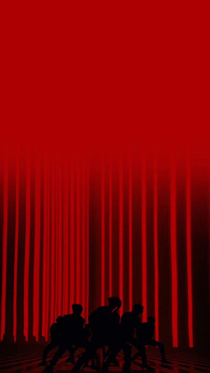 the silhouettes of four people in front of red curtained background with black and white lines