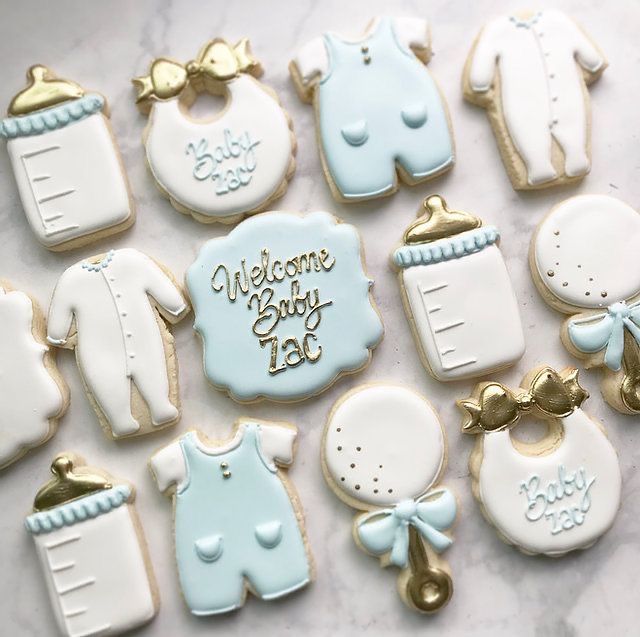 baby shower cookies decorated with blue and white icing