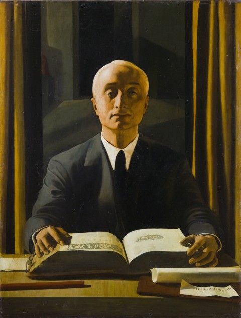 a painting of a man sitting at a desk with an open book in front of him