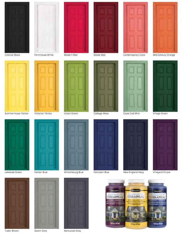 several colors of doors with the names and numbers on them