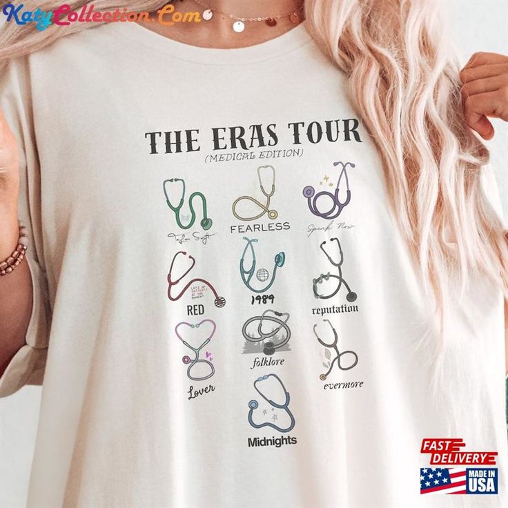 a woman wearing a t - shirt that says the era tour with medical stethoscopes on it