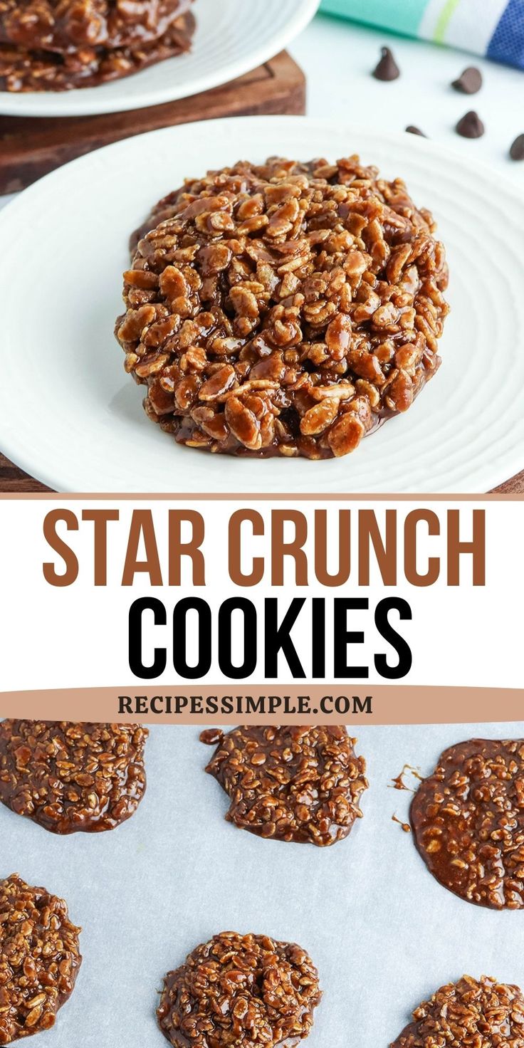 star crunch cookies on a white plate with chocolate chips in the background and text overlay