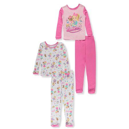 These pajamas feature the much loved social media sensation JoJo Siwa. These 100% cotton pajamas include one pair with a big cartoon graphic of JoJo and solid pants. The other pair features an all over print. These jammies for girls are designed to be a snug fit to comply with safety regulations. Size: 10-12.  Color: Pink.  Gender: female.  Age Group: kids. Cotton Pajamas, Kid Character, Jojo Siwa, Cotton Set, Cotton Pyjamas, Nickelodeon, Big Kids, All Over Print, Snug Fit