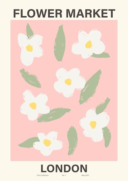 a pink poster with white flowers on the bottom and green leaves in the middle that says flower market london