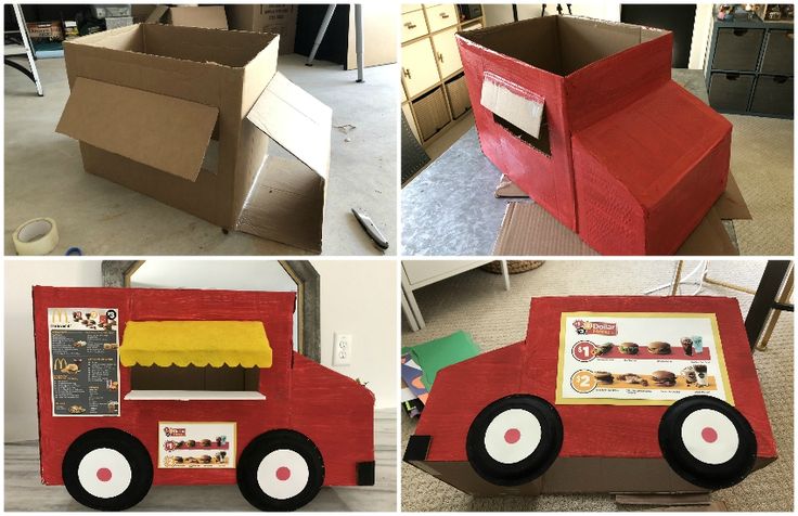 four different pictures of cardboard boxes made to look like a firetruck