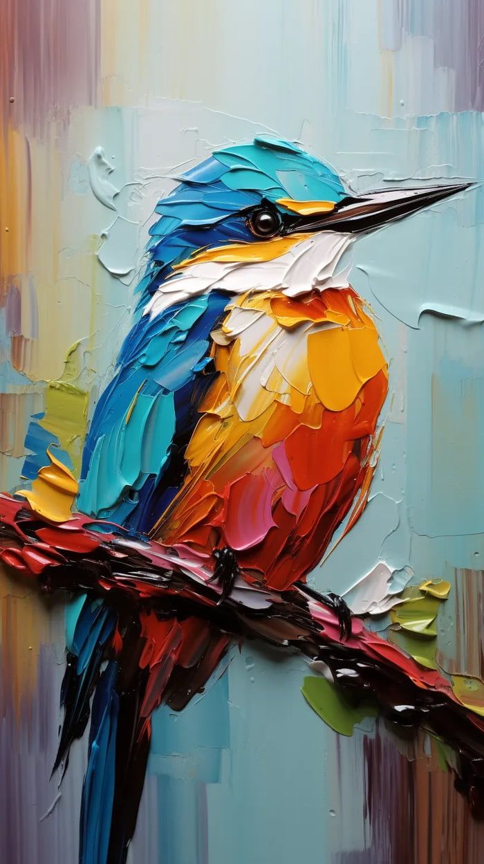 a painting of a colorful bird sitting on a branch