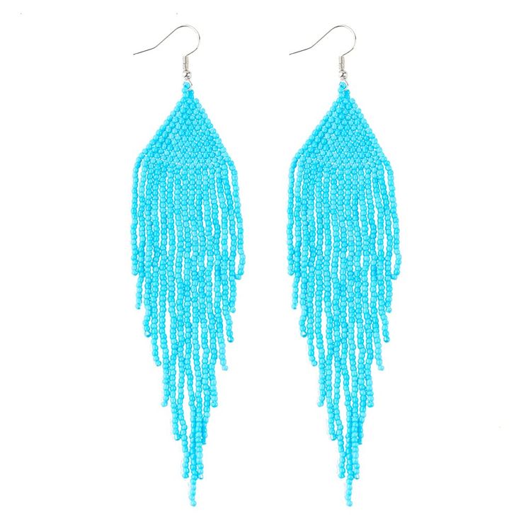 two pairs of blue beaded earrings with fringes hanging from the end of each ear