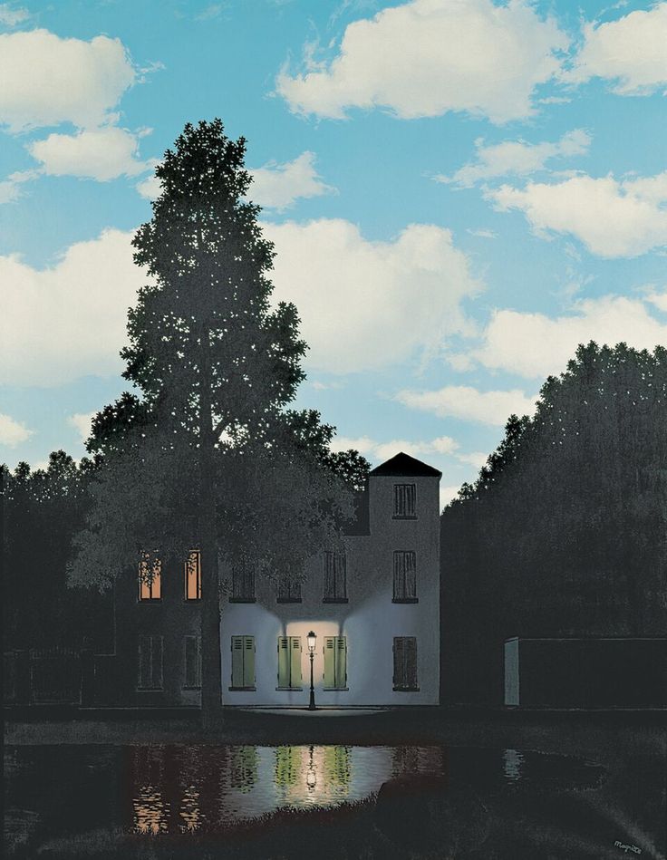 a painting of a white house with trees in the background and water reflecting on the ground