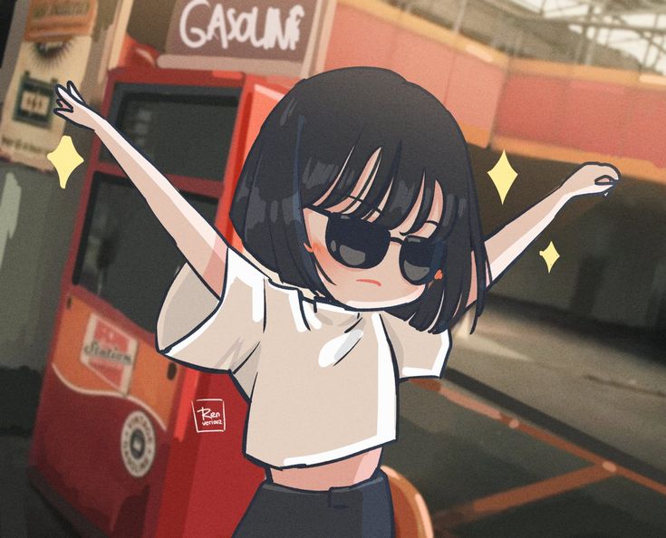 a girl with her arms up in front of a red double decker bus on the street