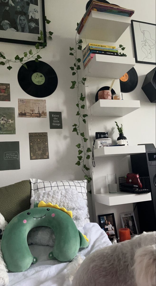 a bedroom with bookshelves, plants and records on the wall above the bed