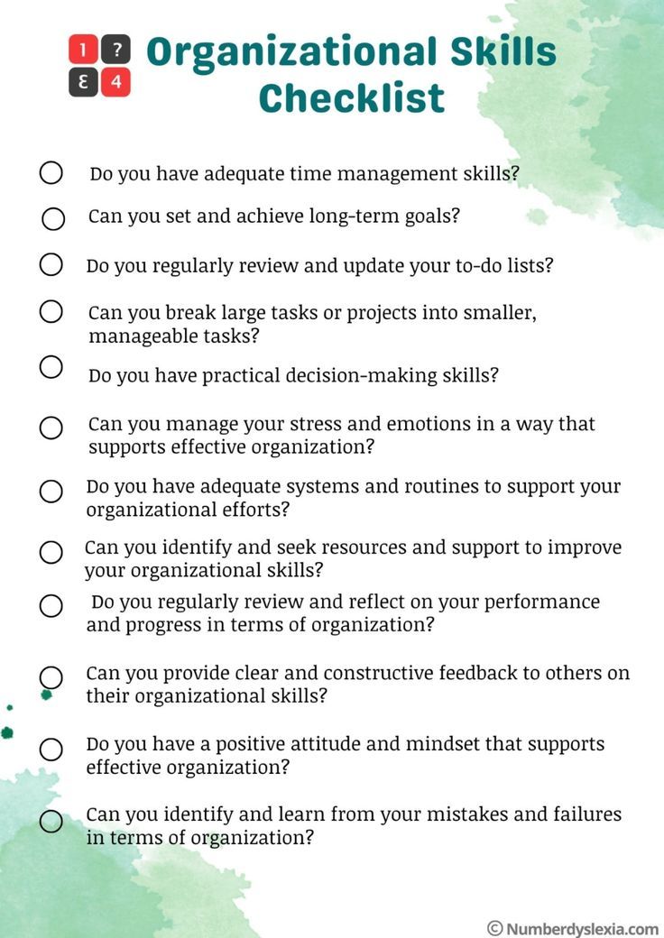 a checklist with the words organizational skills in green watercolors and white ink