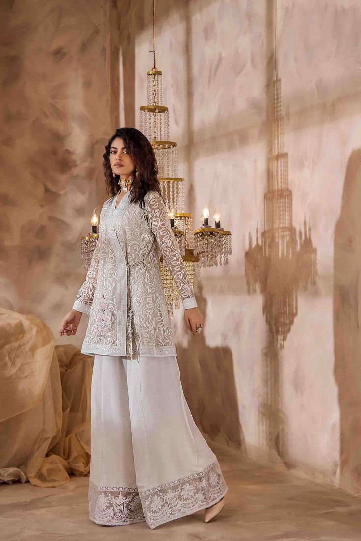 Pakistani Long Jacket Dresses, Model Kurti Designs, Long Kurta With Pants, Muslim Party Wear Dresses, Bottom Designs Pants, Pakistani Designer Suits Party Wear, Indian One Piece, Mirror Work Dress Design, Spring Bridal Shower Outfit